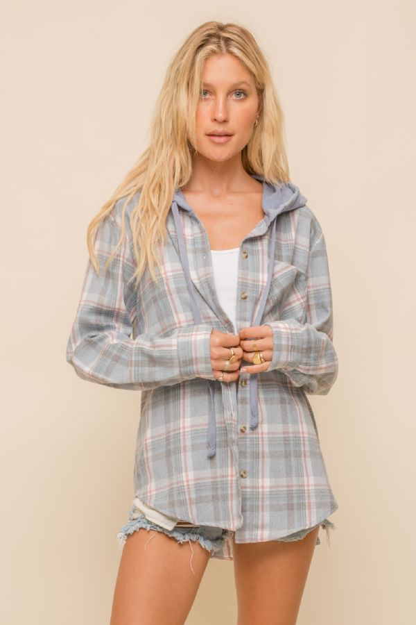 30965W FRENCH TERRY HOODIE CONTRAST PLAID BUTTON DOWN SHIRT TOP