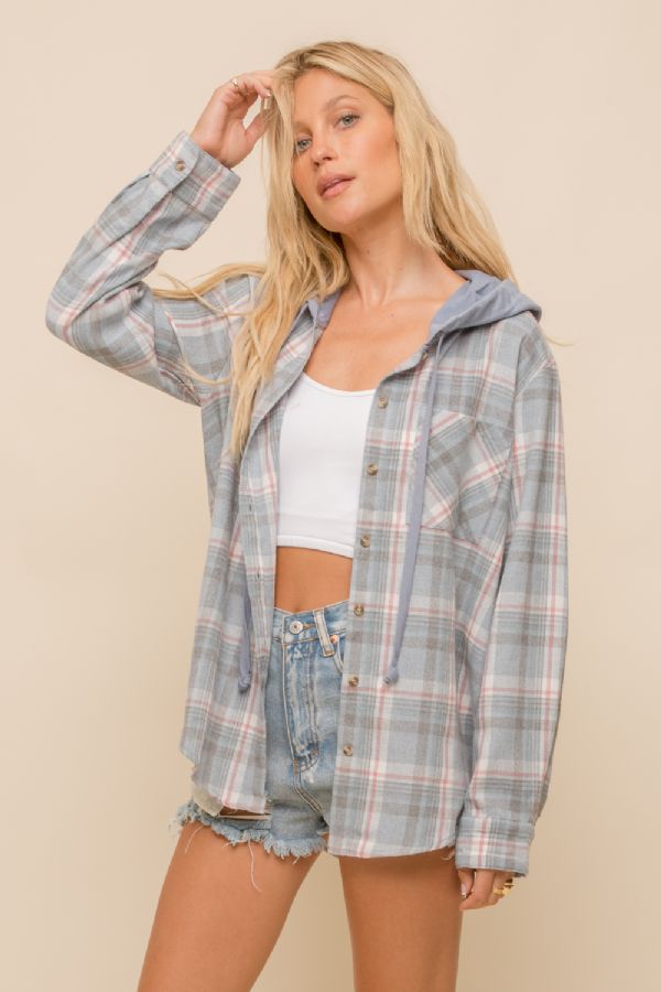 30965W FRENCH TERRY HOODIE CONTRAST PLAID BUTTON DOWN SHIRT TOP