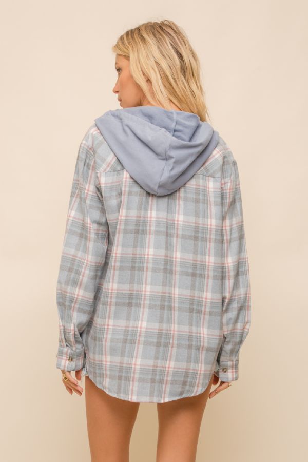 30965W FRENCH TERRY HOODIE CONTRAST PLAID BUTTON DOWN SHIRT TOP