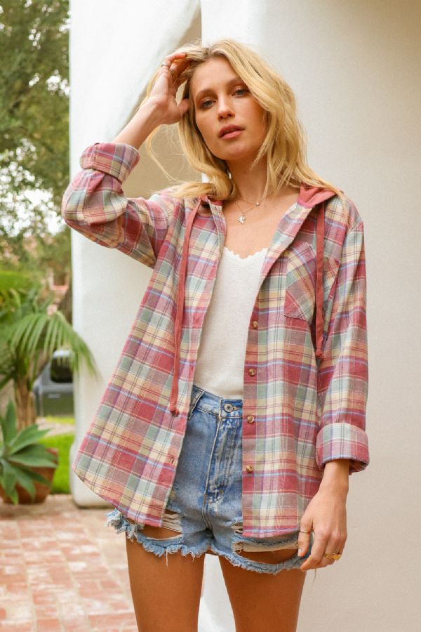 30965W FRENCH TERRY HOODIE CONTRAST PLAID BUTTON DOWN SHIRT TOP