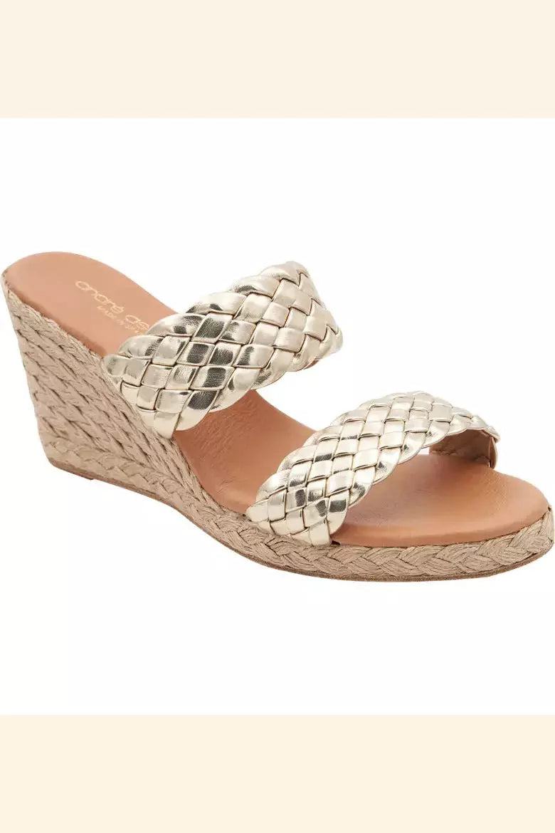 AA2AR171 Andre Assous Aria Woven Leather Espadrille Wedge Slides Footwear