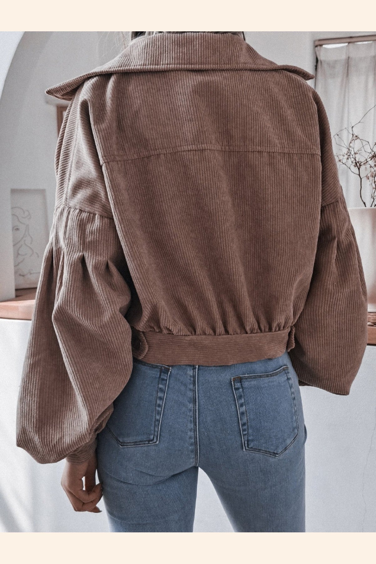 Lantern Sleeve Cropped Corduroy Jacket