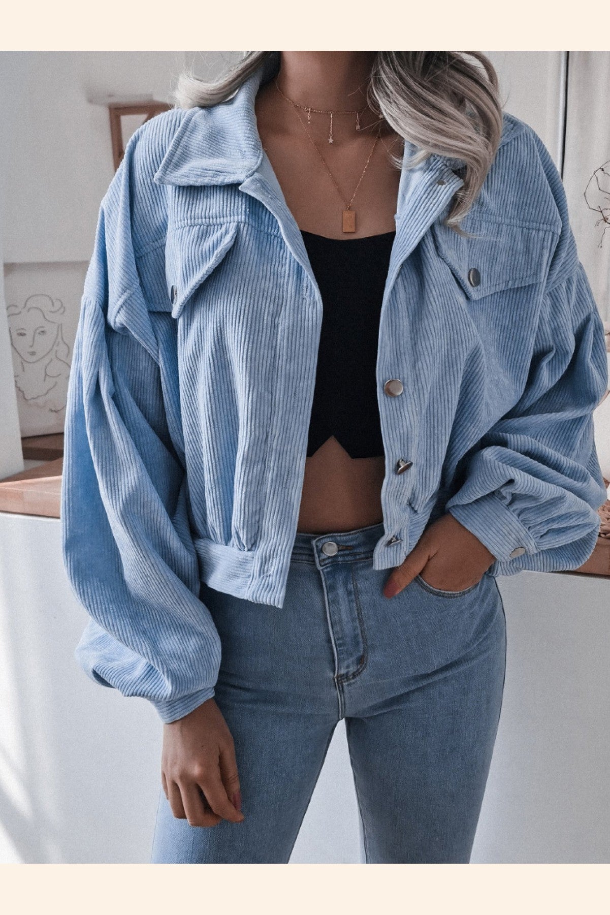 Lantern Sleeve Cropped Corduroy Jacket