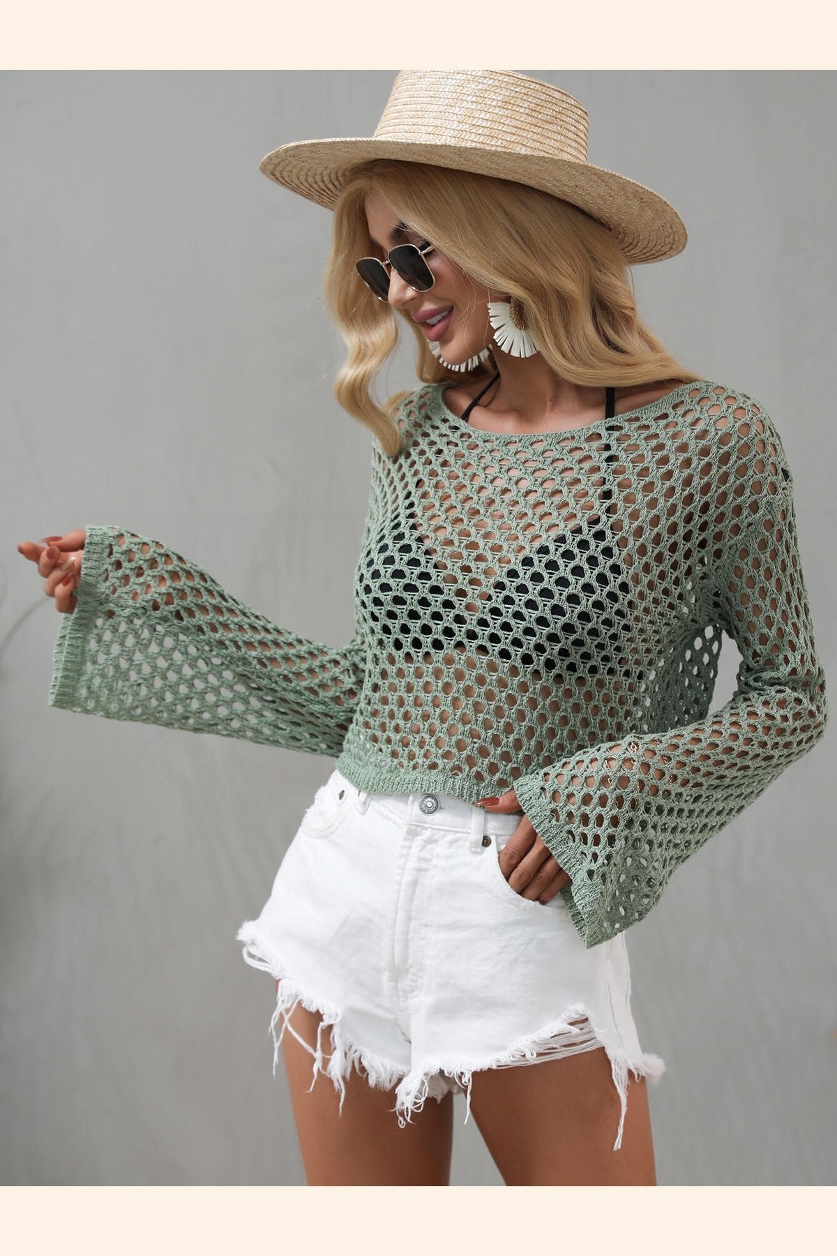 Openwork Flare Sleeve Cropped Cover Up