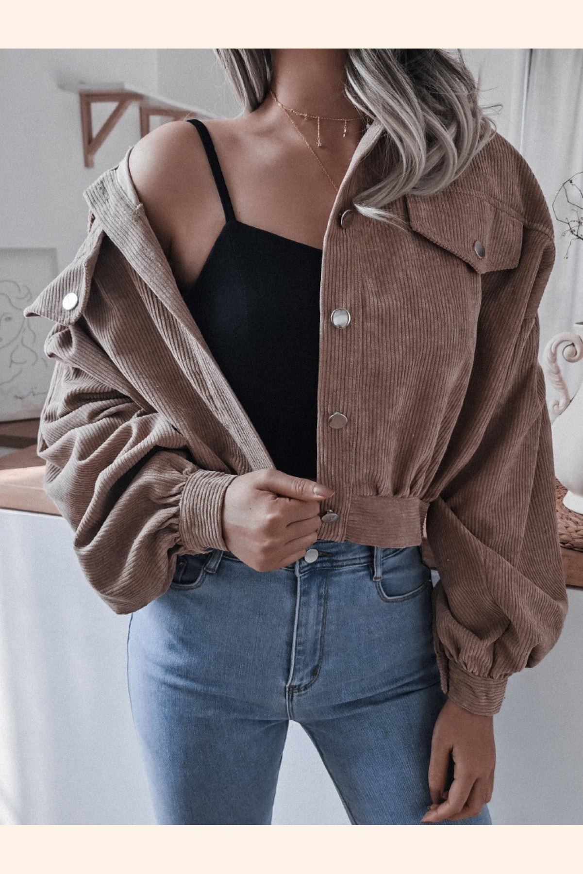 Lantern Sleeve Cropped Corduroy Jacket