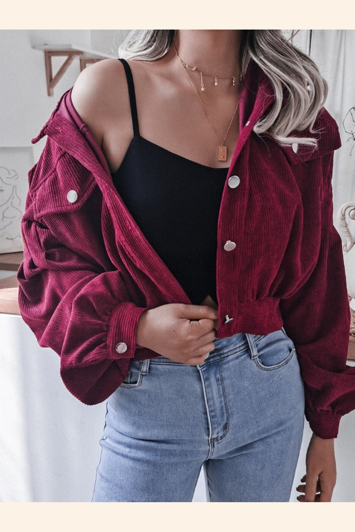 Lantern Sleeve Cropped Corduroy Jacket