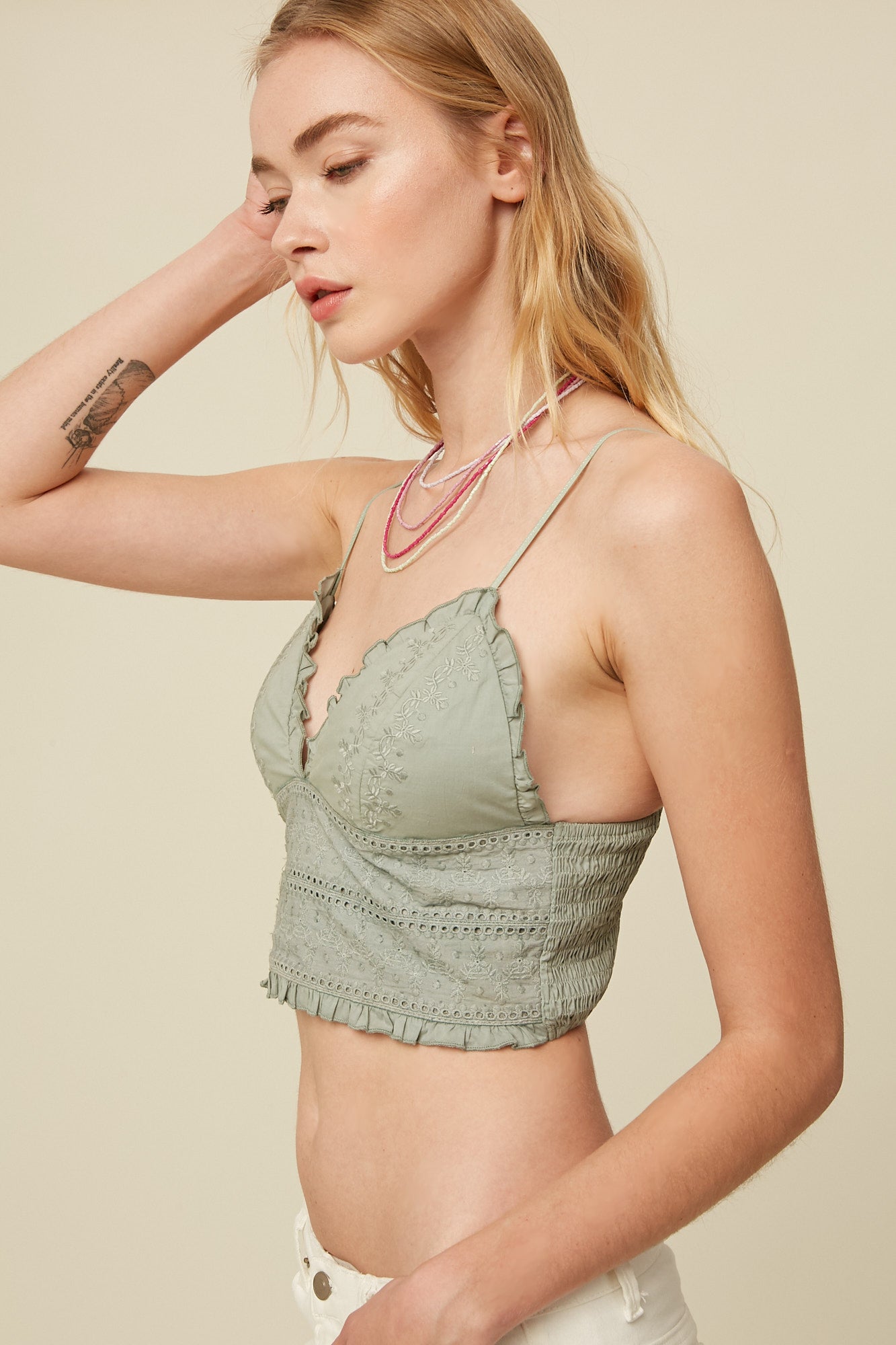 LBL0119 Listicle Embroidery Ruffle Hem Smocking Bralettes Tops